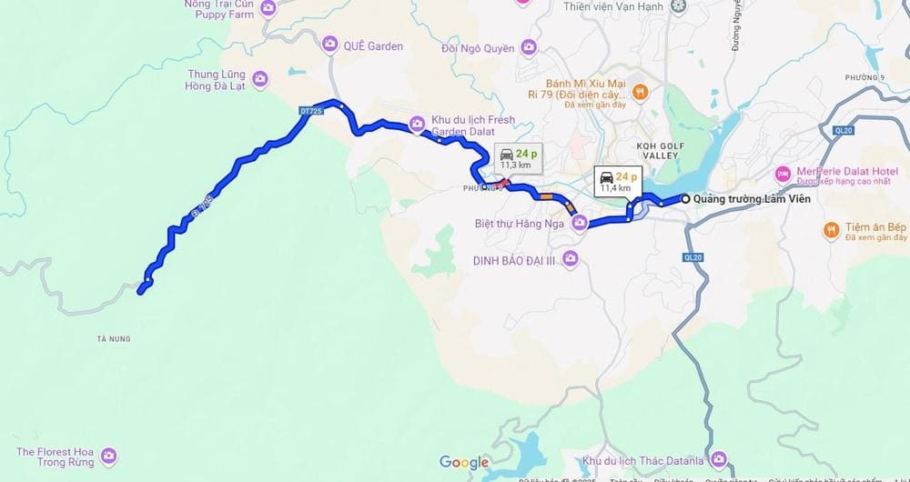 Cao Nguyên Hoa Đà Lạt cách trung tâm thành phố khoảng 11km về phía Tây. (Nguồn: Google Maps)